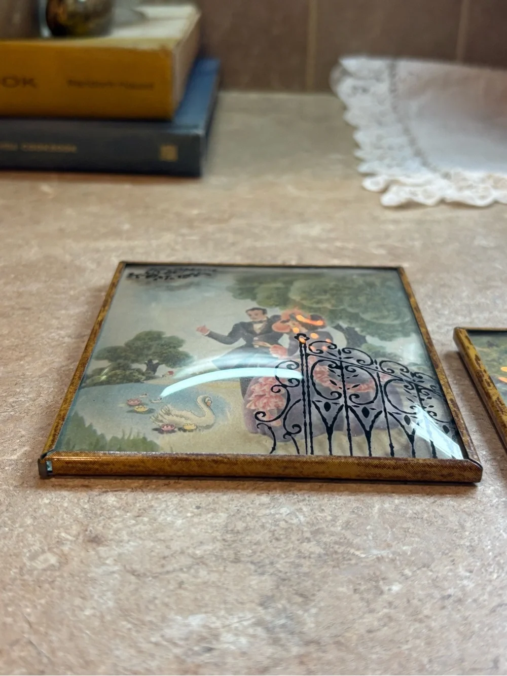 Vintage Pair Reverse Painted Bubble Glass Victorian Couple Brass Wall Pictures